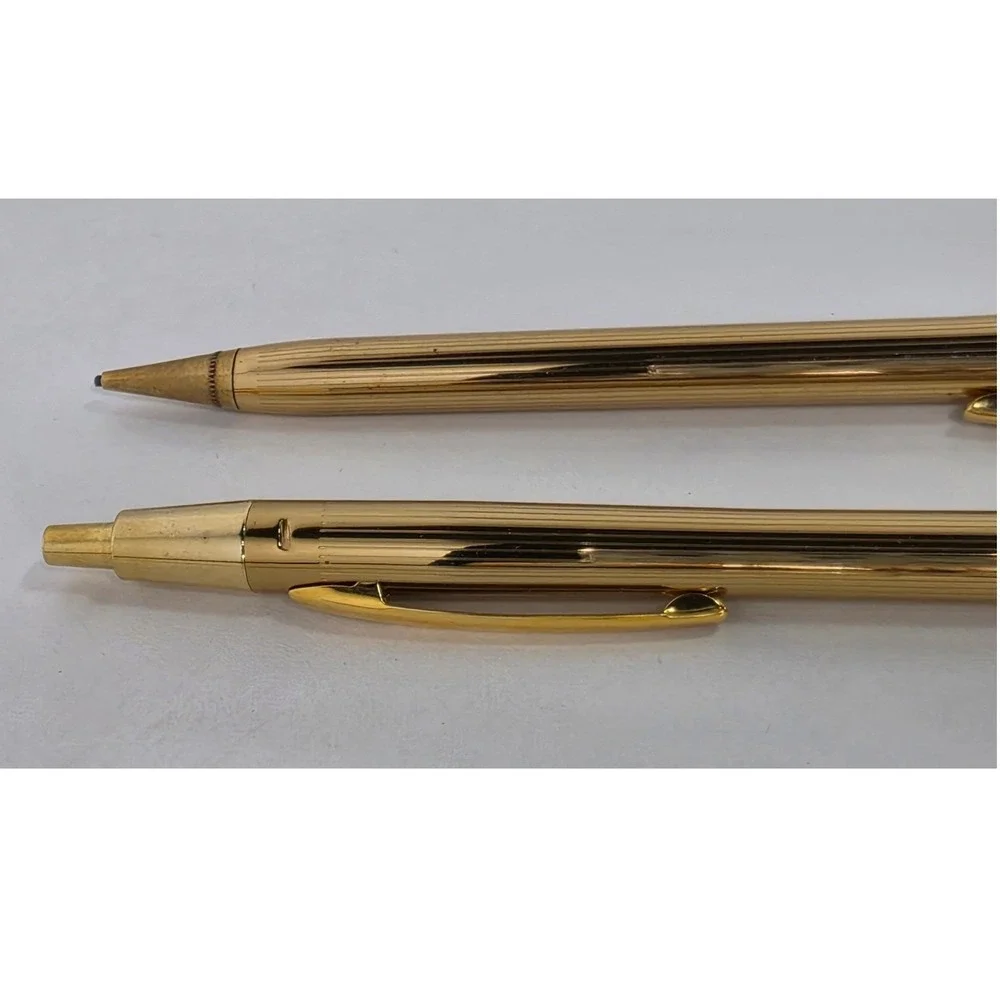 Vintage Gold Tone Pinstripe Pen and Mechanical Pencil Set USA Made with Box